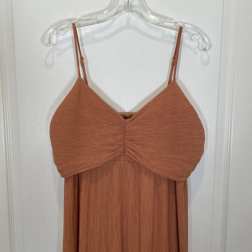 Abercrombie & Fitch Crinkle Maxi Dress Peach Rust Babydoll Seam Tiered w/Slit XL